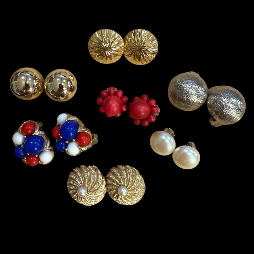 Vintage Clip On Earrings Lot of 7 Gold, Silver, Red White Blue
